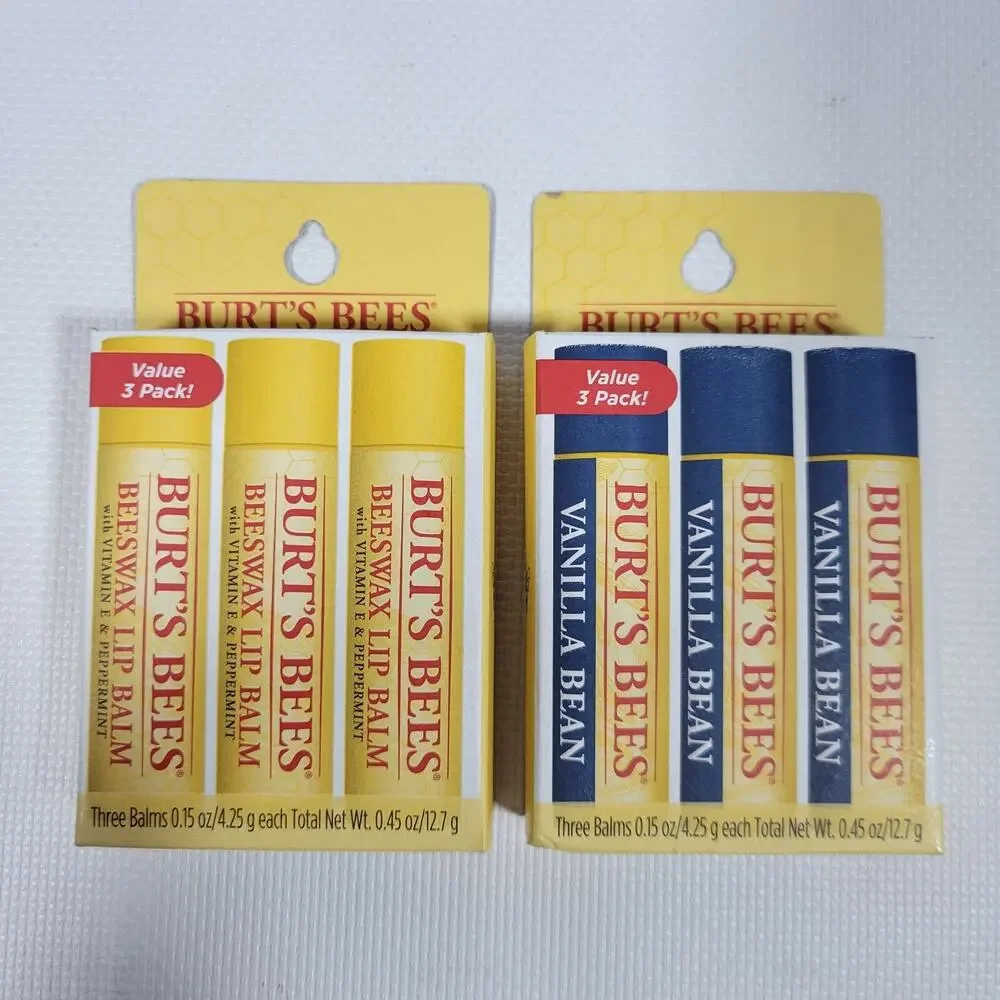 LOT OF 6 BURTS BEES BEESWAX (VITAMIN E & PEPPERMINT) AND VANILLA BEAN LIP BALM
